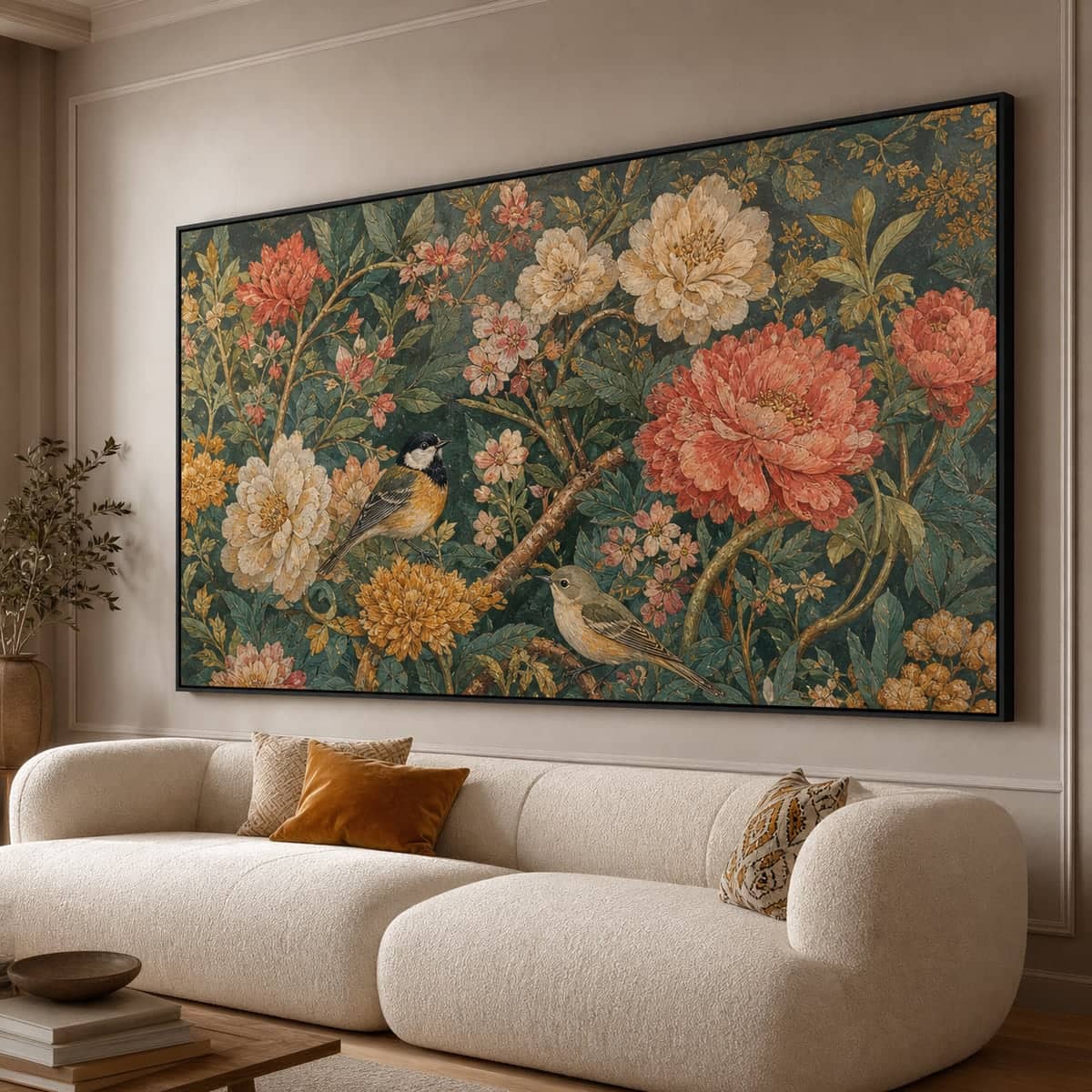 Bir oturma odasında sergilenen, kuş ve çiçek desenli çerçeveli canvas tablo